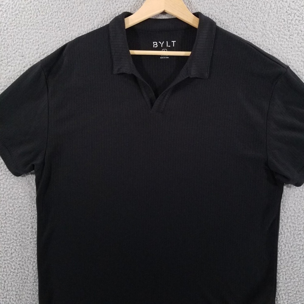 BYLT Polo Shirt Mens XL Black Ribbed Open V Short Sleeve Modal Polyester Collar